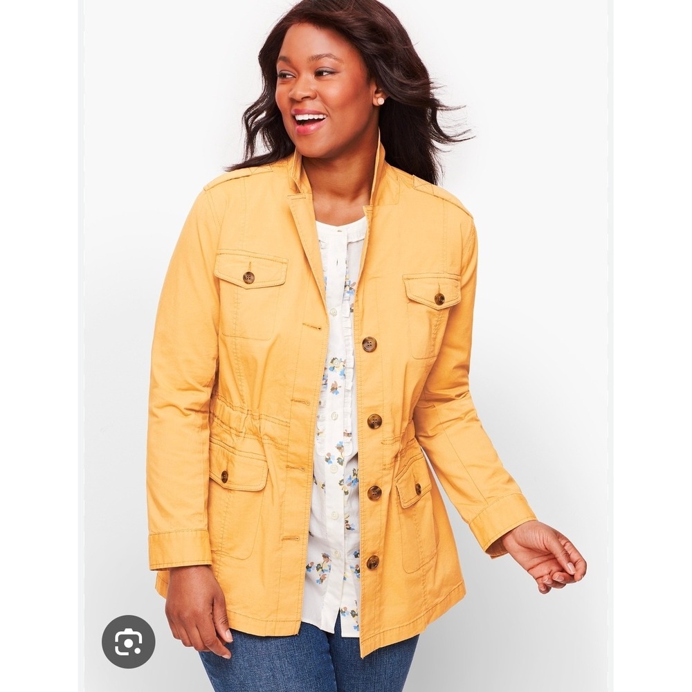 Talbots Mustard Yellow Utility Field Jacket Button Front Cinched Waist Large - Picture 2 of 11